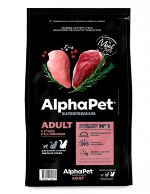 AlphaPet Superpremium с уткой и цыпленком для кошек крупных пород